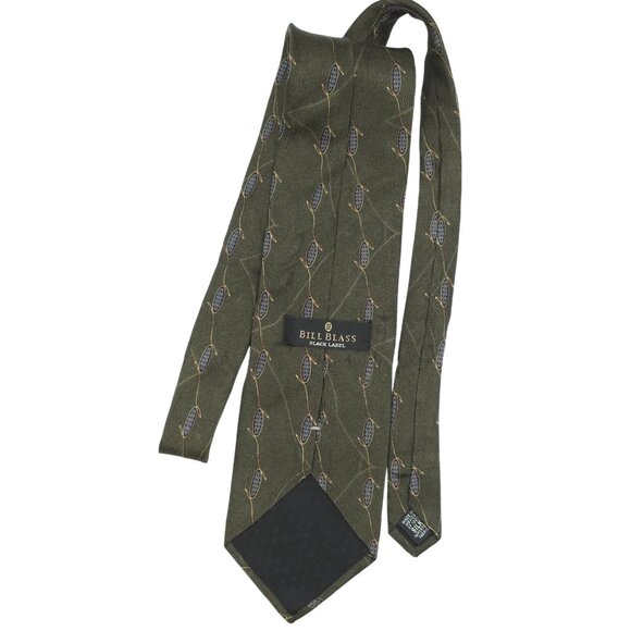 Bill Blass Black Label Olive Green Designer Silk Necktie Floral Geometric Print - Picture 2 of 6